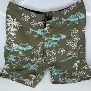 Mens Columbia PFG Fish Floral Board Shorts Swim Trunks Size XL Green Aqua